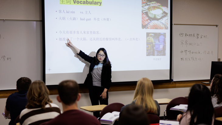 A professor teaches a Chinese-language course to BYU students.